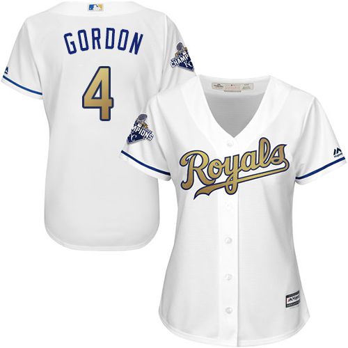 Royals #4 Alex Gordon White 2015 World Series Champions Gold Program Cool Base Women's Stitched MLB Jersey