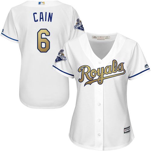 Royals #6 Lorenzo Cain White 2015 World Series Champions Gold Program Cool Base Women's Stitched MLB Jersey