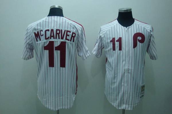 Mitchell and Ness Phillies #11 Tim McCarver Stitched White Red Strip MLB Jersey