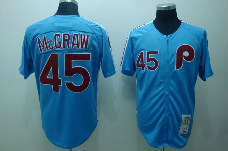 Mitchell and Ness Phillies #45 Tug Mcgraw Blue Stitched Throwback MLB Jersey