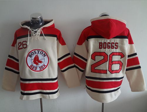 Red Sox #26 Wade Boggs Cream Sawyer Hooded Sweatshirt MLB Hoodie