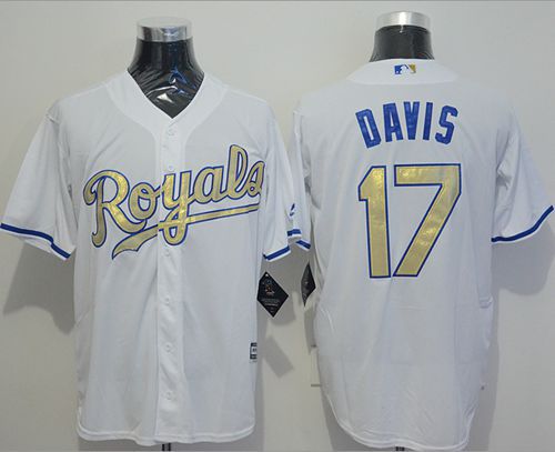 Royals #17 Wade Davis White New Cool Base 2015 World Series Champions Gold Program Stitched MLB Jersey