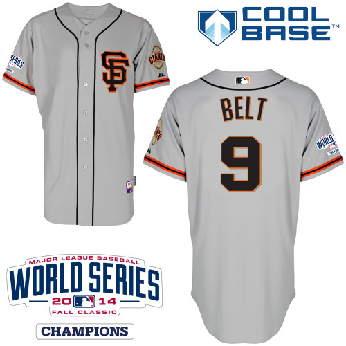 Giants #9 Brandon Belt Grey Road 2 Cool Base W/2014 World Series Patch Stitched MLB Jersey