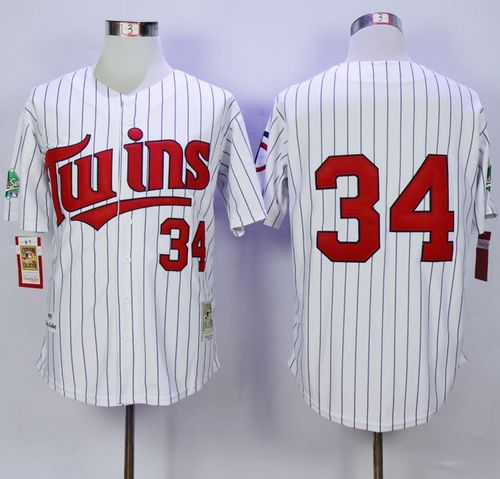 Mitchell And Ness Twins #34 Kirby Puckett White(Blue Strip) Throwback Stitched MLB Jersey