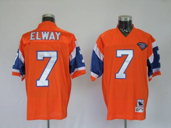 Mitchel & Ness Broncos #7 John Elway Orange With 75 Anniversary Patch Stitched Throwback NFL Jersey