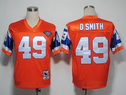 Mitchel and Ness Broncos #49 Dennis Smith Orange With 75 Anniversary Patch Stitched Throwback NFL Jersey