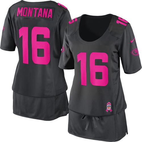  49ers #16 Joe Montana Dark Grey Women's Breast Cancer Awareness Stitched NFL Elite Jersey