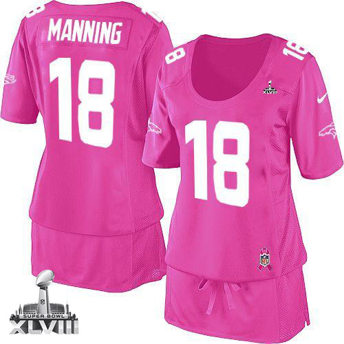  Broncos #18 Peyton Manning Pink Super Bowl XLVIII Women's Breast Cancer Awareness Stitched NFL Elite Jersey