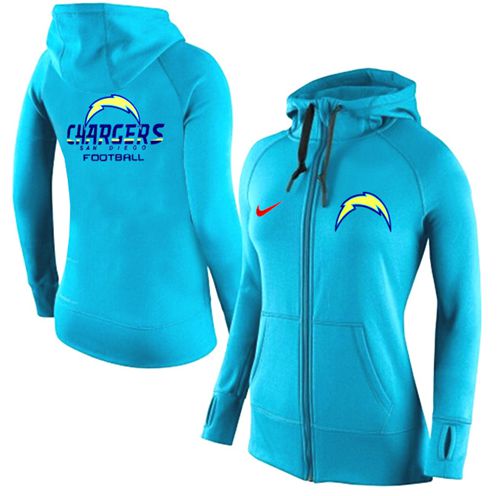 Women's  San Diego Chargers Full Zip Performance Hoodie Light Blue