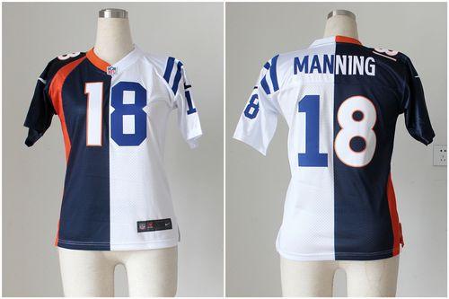  Colts #18 Peyton Manning Blue/White Women's Stitched NFL Elite Split Broncos Jersey