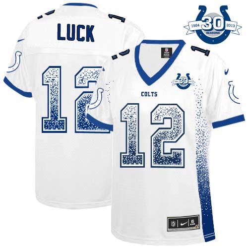  Colts #12 Andrew Luck White With 30TH Seasons Patch Women's Stitched NFL Elite Drift Fashion Jersey