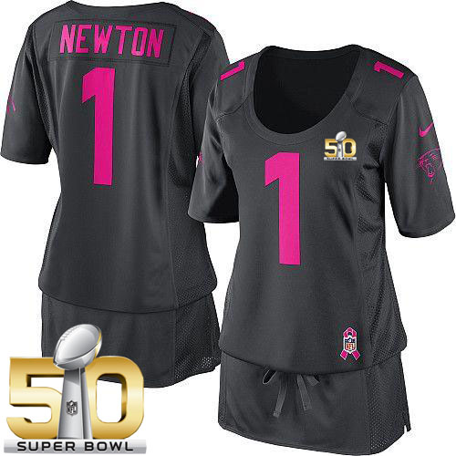  Panthers #1 Cam Newton Dark Grey Super Bowl 50 Women's Breast Cancer Awareness Stitched NFL Elite Jersey