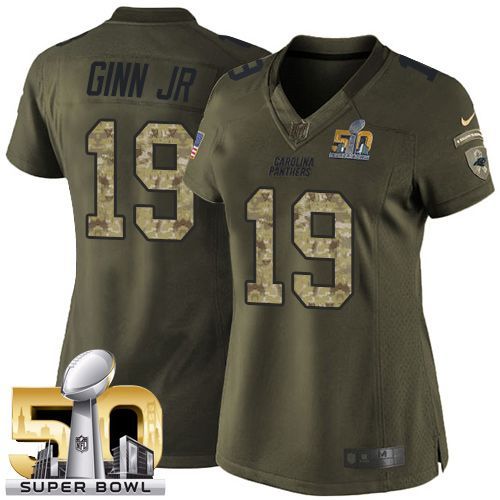  Panthers #19 Ted Ginn Jr Green Super Bowl 50 Women's Stitched NFL Limited Salute to Service Jersey