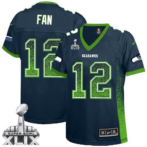  Seahawks #12 Fan Steel Blue Team Color Super Bowl XLIX Women's Stitched NFL Elite Drift Fashion Jersey