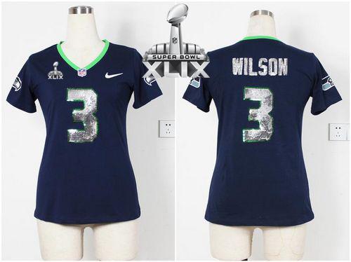  Seahawks #3 Russell Wilson Steel Blue Team Color Handwork Sequin Lettering Super Bowl XLIX Women's Stitched NFL Elite Jersey