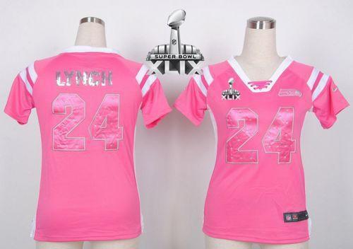  Seahawks #24 Marshawn Lynch Pink Super Bowl XLIX Women's Stitched NFL Elite Draft Him Shimmer Jersey