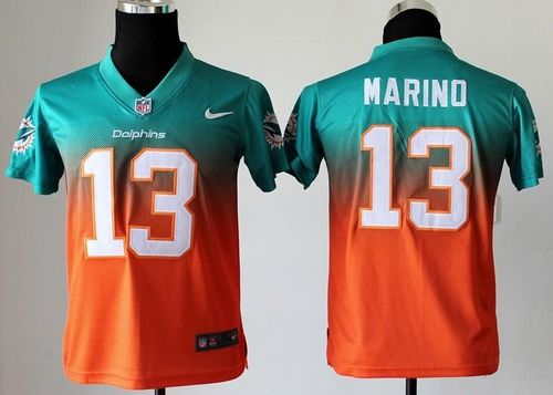  Dolphins #13 Dan Marino Aqua Green/Orange Youth Stitched NFL Elite Fadeaway Fashion Jersey