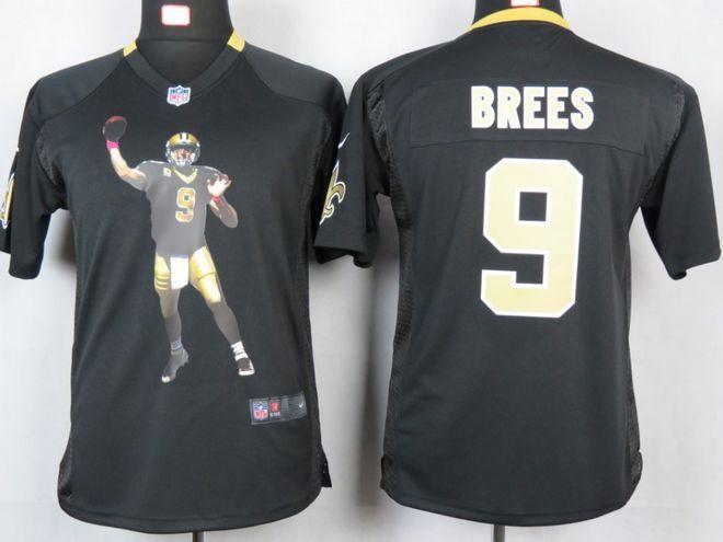  Saints #9 Drew Brees Black Team Color Youth Portrait Fashion NFL Game Jersey