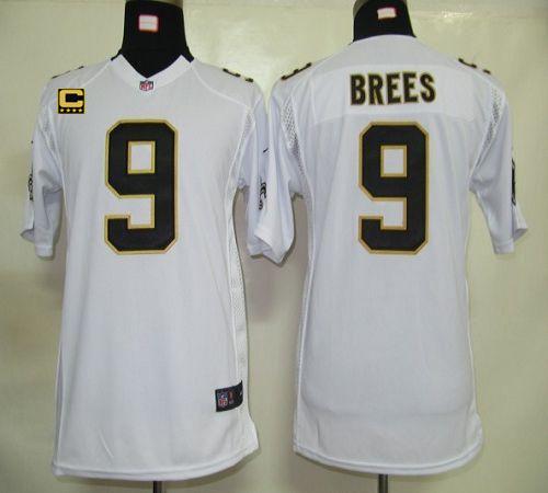  Saints #9 Drew Brees White With C Patch Youth Stitched NFL Elite Jersey