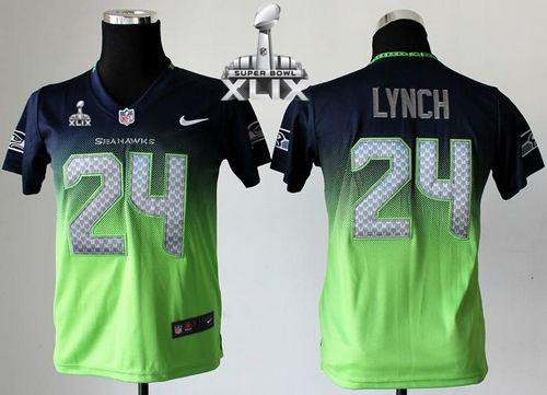  Seahawks #24 Marshawn Lynch Steel Blue/Green Super Bowl XLIX Youth Stitched NFL Elite Fadeaway Fashion Jersey