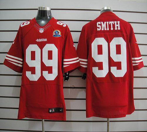  49ers #99 Aldon Smith Red Team Color With Hall of Fame 50th Patch Men's Stitched NFL Elite Jersey