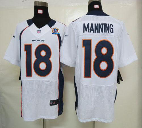  Broncos #18 Peyton Manning White With Hall of Fame 50th Patch Men's Stitched NFL Elite Jersey