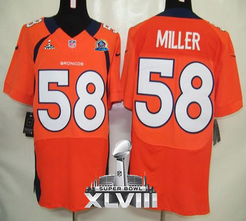  Broncos #58 Von Miller Orange Team Color With Hall of Fame 50th Patch Super Bowl XLVIII Men's Stitched NFL Elite Jersey