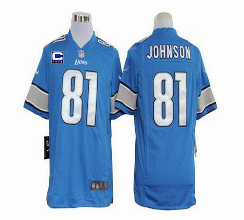  Lions #81 Calvin Johnson Blue Team Color With C Patch Men's Stitched NFL Game Jersey