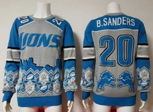  Lions #20 Barry Sanders Blue/Grey Men's Ugly Sweater