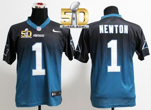  Panthers #1 Cam Newton Black/Blue Super Bowl 50 Men's Stitched NFL Elite Fadeaway Fashion Jersey