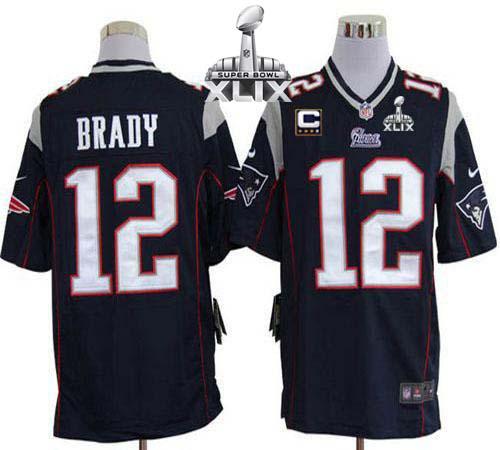  Patriots #12 Tom Brady Navy Blue Team Color With C Patch Super Bowl XLIX Men's Stitched NFL Game Jersey