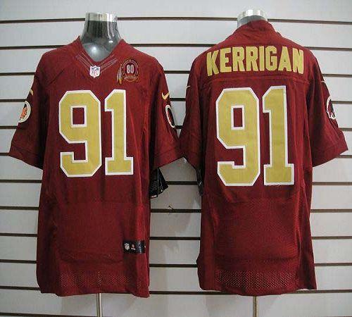  Redskins #91 Ryan Kerrigan Red(Gold Number) 80TH Patch Men's Stitched NFL Elite Jersey