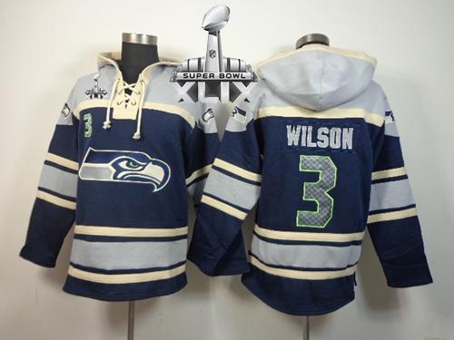  Seahawks #3 Russell Wilson Navy Blue Super Bowl XLIX Sawyer Hooded Sweatshirt NFL Hoodie