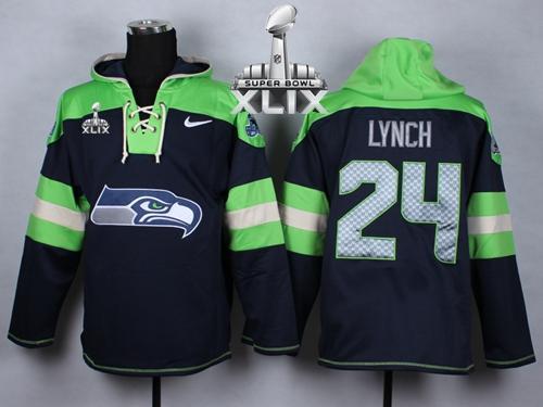  Seahawks #24 Marshawn Lynch Navy Blue Super Bowl XLIX Player Pullover Hoodie