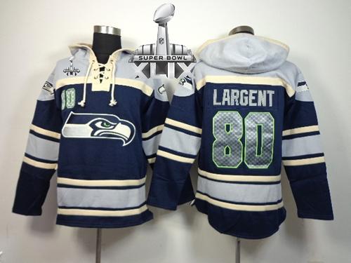  Seahawks #80 Steve Largent Navy Blue Super Bowl XLIX Sawyer Hooded Sweatshirt NFL Hoodie