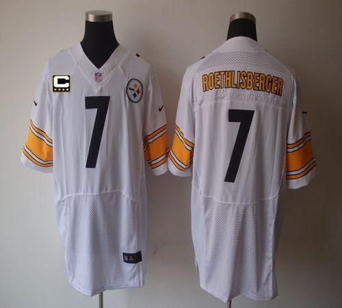  Steelers #7 Ben Roethlisberger White With C Patch Men's Stitched NFL Elite Jersey