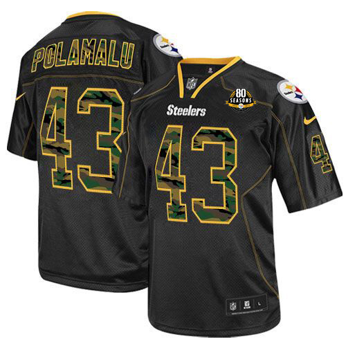  Steelers #43 Troy Polamalu Black With 80TH Patch Men's Stitched NFL Elite Camo Fashion Jersey