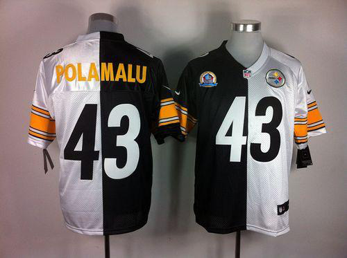  Steelers #43 Troy Polamalu White/Black With Hall of Fame 50th Patch Men's Stitched NFL Elite Split Jersey
