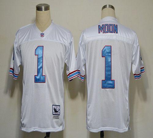 Mitchell And Ness Oilers #1 Warren Moon White Stitched Throwback NFL Jersey