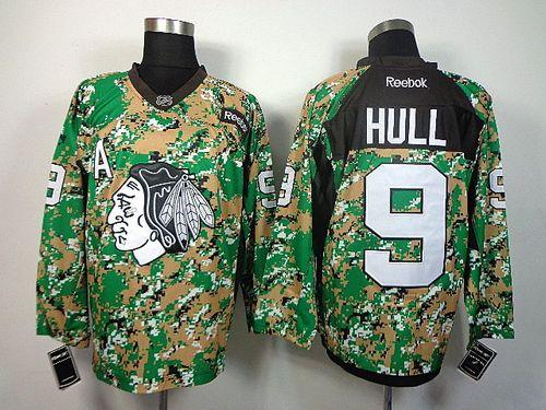 Blackhawks #9 Bobby Hull Camo Veterans Day Practice Stitched NHL Jersey