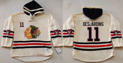 Blackhawks #11 Andrew Desjardins Cream Heavyweight Pullover Hoodie Stitched NHL Jersey