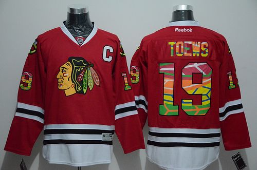 Blackhawks #19 Jonathan Toews Red Team Logo On No. Stitched NHL Jersey