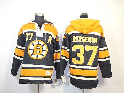 Bruins #37 Patrice Bergeron Black Sawyer Hooded Sweatshirt Stitched NHL Jersey