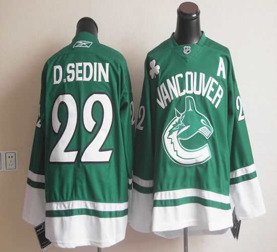 Canucks St Patty's Day #22 Daniel Sedin Green Stitched NHL Jersey