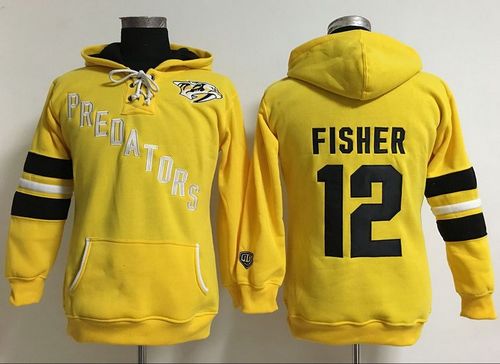 Nashville Predators #12 Mike Fisher Yellow Women's Old Time Heidi Hoodie NHL Hoodie