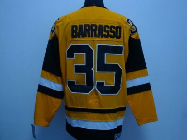 Penguins #35 Tom Barrasso Stitched Mitchell&Ness Yellow NHL Jersey