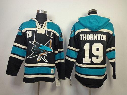 Sharks #19 Joe Thornton Blue Sawyer Hooded Sweatshirt Stitched NHL Jersey