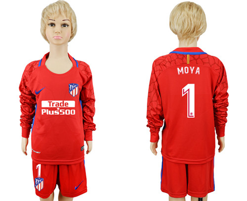 2017 18 Atletico Madrid 1 MOYA Red Youth Long Sleeve Goalkeeper Soccer Jersey