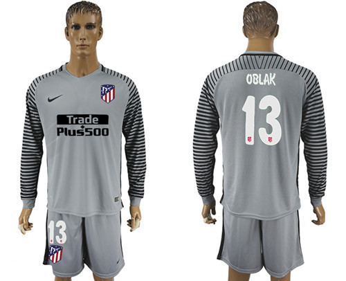 2017 18 Atletico Madrid 13 OBLAK Gray Long Sleeve Goalkeeper Soccer Jersey