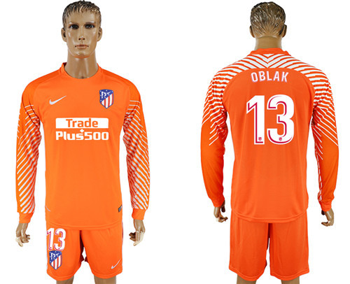 2017 18 Atletico Madrid 13 OBLAK Orange Long Sleeve Goalkeeper Soccer Jersey